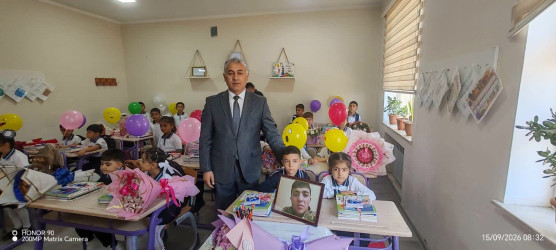 Yevlax Şəhər İcra Hakimiyyəti Başçısı aparatının məsul şəxsləri Şəhid övladlarını ilk dərsə aparıblar