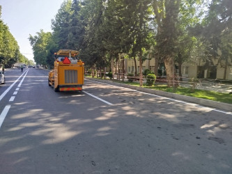 Yevlax şəhərinin Heydər Əliyev prospektində nəqliyyat vasitələrinin rahat və təhlükəsiz hərəkətinin tənzimlənməsi məqsədilə üfüqi nişanlanma xətlərinin yenidən rənglənməsi işləri həyata keçirilmişdir.